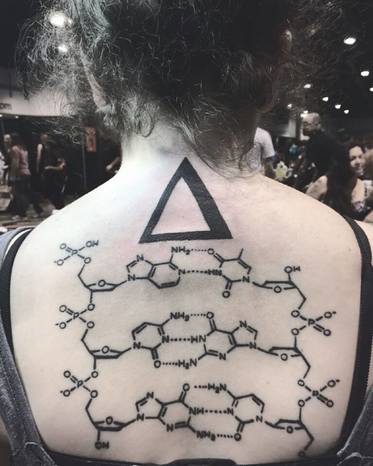 The science tattoos on my back: DNA structure just below a delta symbol to symbolize evolution.